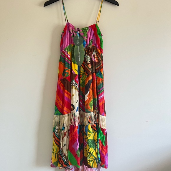 FARM Rio Palila Fringe Tropical Print Midi Dress Multicolor NWT - Picture 3 of 10